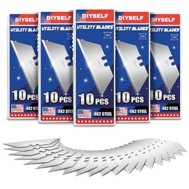 DIYSELF 50 Pack Utility Knife Blades, SK2 Box Cutter Blades, Heavy Duty Utility Blades Refills with Storage Box, Razor Blades for Box Cutter, Cardboard, Carpet, Leather, Drywall, Standard Size Blades