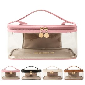 Clear Makeup Bags, Double Layer Clear Cosmetic Bag, Waterproof Toiletry Bag, Clear Zipper Bag with Divider Makeup Brush Compartment, Travel Makeup Bag for Women and Girl (Pink)