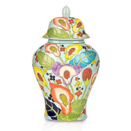 Sungmor Decorative Ceramic Ginger Jar with Lid, Floral Pattern Porcelain Temple Storage Jar, 14" Hand Painted Ceramic Flower Vase for Centerpiece, Blue Glazed Vase for Flower Arrangement, Home Decor