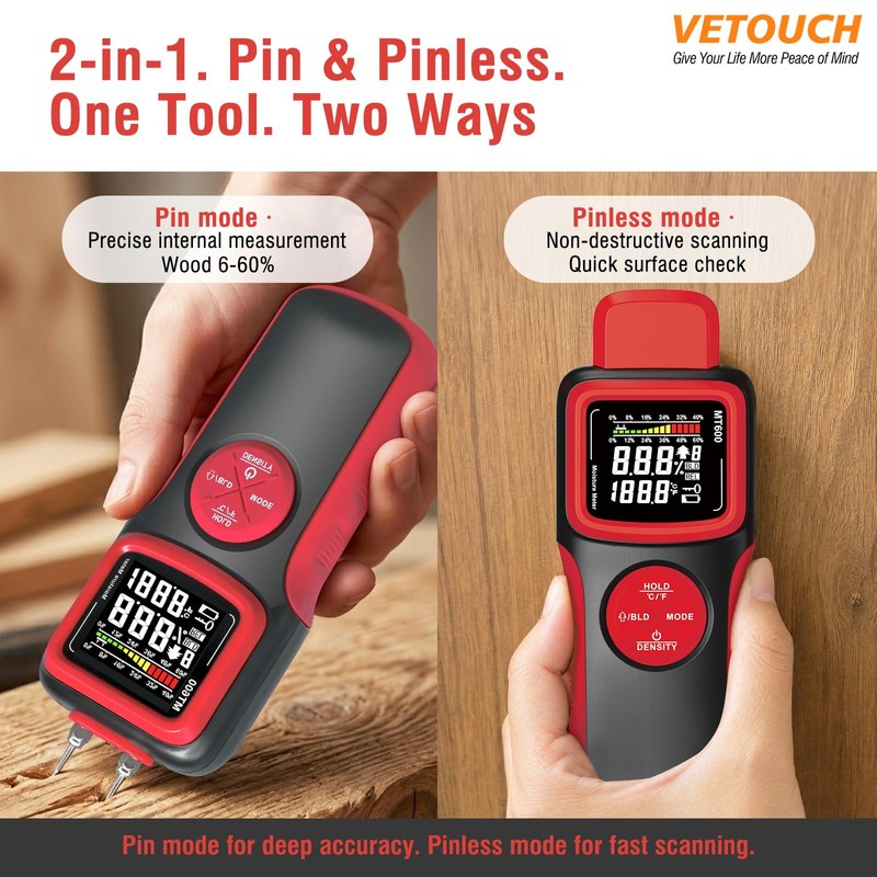 VETOUCH 2 in 1 Pin & Pinless Wood Moisture Meter,