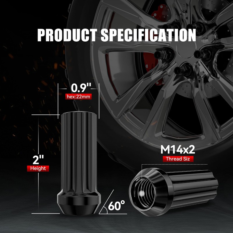 24pcs M14x2.0 Wheel Lug Nuts Black Thread XL Spline Lug