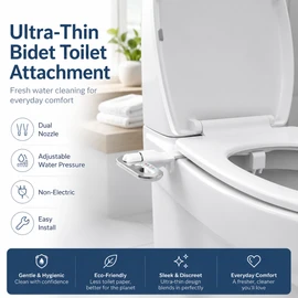 Ultra-Slim Bidet Attachment for Toilet Seats – Non-Electric Dual Nozzle Sprayer with Adjustable Water Pressure
