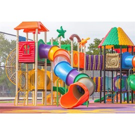 AOFOTO 7x5ft Kids Amusement Park Background Children's Slide Playground Photography Backdrop for Baby Shower Birthday Party Portrait Shooting Holiday Vacation Kindergarten Wallpaper Photo Booth Prop