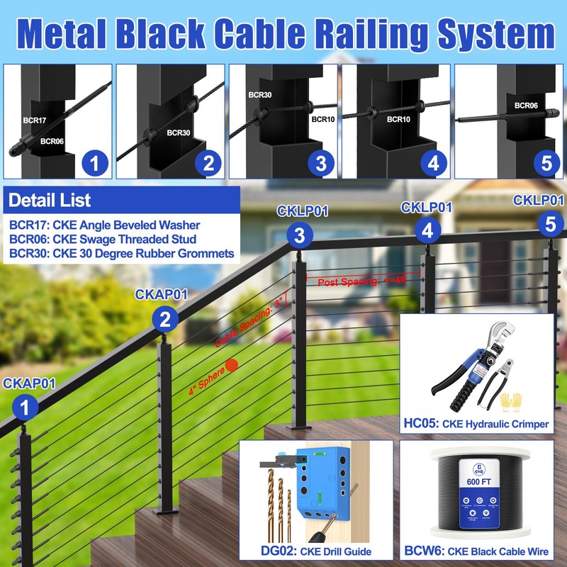 CKE Cable Railing Post Level drilled Cable Railing Post 36"x2"x2"