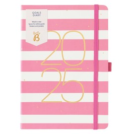 Busy B 2025 Diary Weekly Goals Planner - A5 Pink Stripe with Elastic Band - Week to View Daily Life Organiser - Monthly Overview, Inspirational Quotes & Stickers - Compact 2025 Diary for Productivity