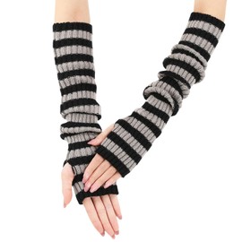Luckwaii Long Arm Warmers Striped Fingerless Gloves Arm Warmers Elbow Length Arm Sleeve Winter Thermal Stretchy Knitted Gloves with Thumb Hole for Women, Black and light grey stripes