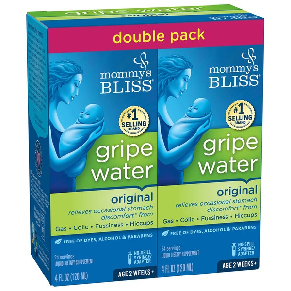 Mommy's Bliss Gripe Water for Babies - Double Pack, Relieves Stomach Discomfort from Gas, Colic, Fussiness & Hiccups, Age 2 Weeks+, Pack of 2 (Total 8 Fl Oz)