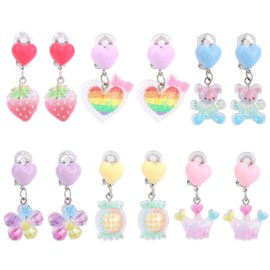 Mikovivi 6 Pairs of Clip-On Earrings for Children, Ear Clips Without Ear Hole Heart Flowers Bear Crown Earrings Jewellery Gifts for Girls Children Toddlers Fancy Dress Accessories