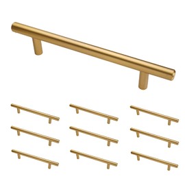 DecoBasics (10 Pack Solid Stainless Steel -Hole Centers 5"(128mm)-Brass Polished- Euro Bar Pull Handle for Kitchen Bath Cabinet Door and Drawer