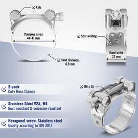 Poppstar 2 Pieces T-Bolt Hose Clamps Stainless Steel Clamping Width 44-47mm, Width 22mm, W4