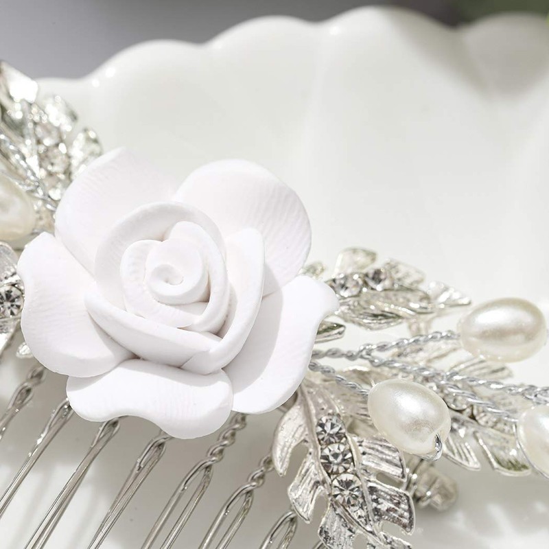 Ushiny Pearl Bride Wedding Hair Comb Silver Flowers Headdress Leaf