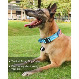 Hotsky Tactical Dog Collar, Adjustable Military Training Nylon Airtag Dog Collar with Handle and Heavy Duty Metal Buckle for Medium Large Dogs, with Airtag Holder and Two Patches（Blue Camo,L）