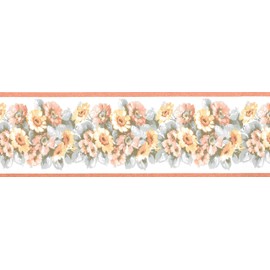 Dundee Deco BD6175 Prepasted Wallpaper Border - Floral Fire Orange, Green, Yellow Flowers on Vine Wall Border Retro Design, 15 ft x 3.5 in (4.57m x 8.89cm)