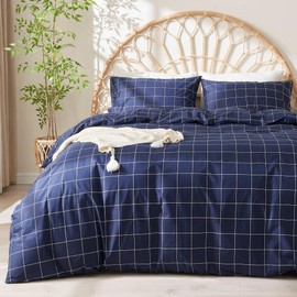 JELLYMONI 100% Natural Cotton 3pcs Plaid Duvet Cover Sets, Checkered King Comforter Cover, 1 Duvet Cover and 2 Pillow Cases with Zipper Closure & Corner Ties, Dark Blue