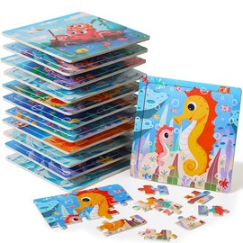 GRINNNIE Wooden Puzzle for Toddlers 2 3 4 Years Old, 12 PCS Jigsaw Ocean Animals Puzzles Preschool Learning Toys for Travel or Car, Birthday for Boys and Girls