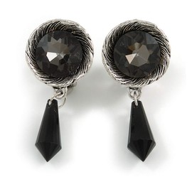 Vintage Inspired Textured Dim Grey Crystal with Black Dangle Clip-On Earrings/Aged Silver Tone Metal/ 45mm L