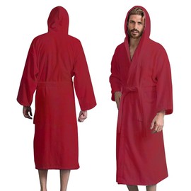 KAHAF COLLECTION Men's Terry Bathrobe with Hood, 100% Cotton Soft Long Towel Robe for Men, Super Absorbent, Quick Dry, Warm & Lightweight Loungewear, Spa, Shower, Gym & Home (S/M, Burgandy)