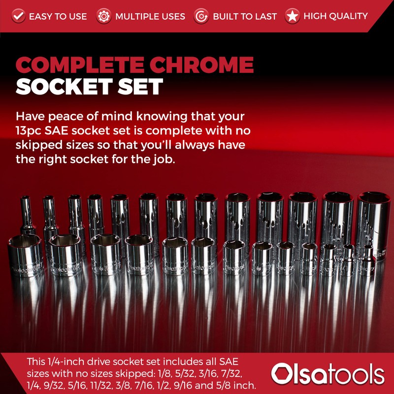 Olsa Tools SAE Deep Socket Set - 1/4-Inch Drive, 13pc