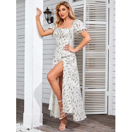 Women's Summer Puff Sleeve Floral Split Maxi Dress Flowy A Line Casual Beach Long Dresses-AG-L
