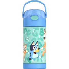 THERMOS FUNTAINER - Botella de agua con pajita, 12 onzas, color azul, botella de agua aislada al aspiradora para niños con tapa