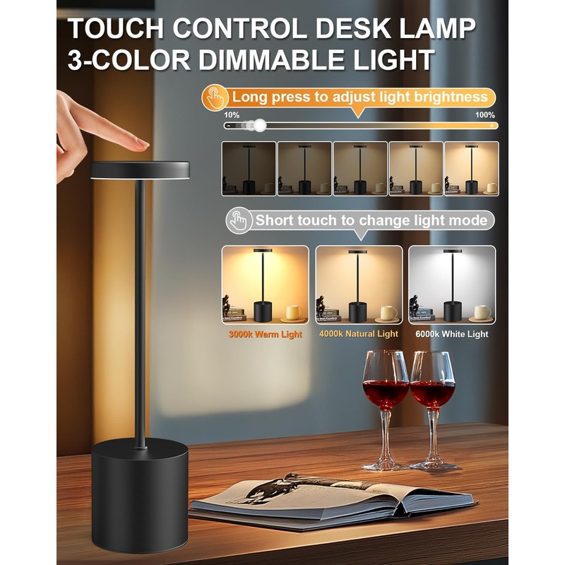 Cordless Table Lamp Set of 2, Rechargeable 5000mAh Battery Powered