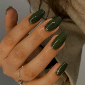 Olive Green Press on Nails Medium Short Square,Xcreando Spring Summer Fake Nails Medium Glue on Nails Trapezoid Shaped,Short Ballerina Coffin Nails Press ons,False Nails Acrylic Nails Set in 24 PCS