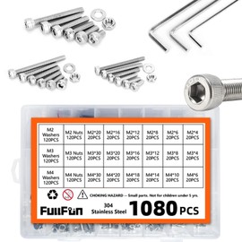 FullFun 1080PCS M2 M3 M4 Hex Socket Head Cap Screw Bolts Nuts and Washer Assortment Kit, 304 Stainless Steel Metric Screws with 3PCS Allen Wrenches, Allen Socket Hex Drive Machine Screws Set