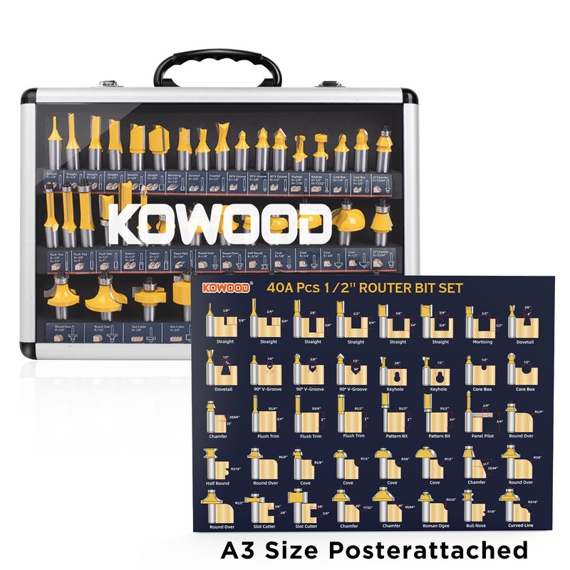KOWOOD Router Bits Set of 40 Pieces, 1/2 Inch Shank,