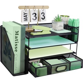 4 Tier Desk File Organiser with Extra Vertical File Sorter, Paper Letter Tray with Top Stationery Drawer Holder, A4 Paper Desktop Filing Trays, Magazine Document Holder for Home Office, Black