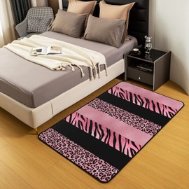 Castle Fairy Pink Leopard Print Area Rug 3x5 Wild Animal Zebra Skin Texture Decor Non Slip Rug for Girls Women Adults Black Geometric Stripes Western Style Indoor Floor Mat for Office Bedroom