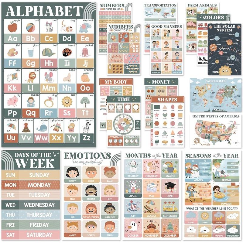 18 Laminated Educational Posters | Fun Learning Charts for Preschool,