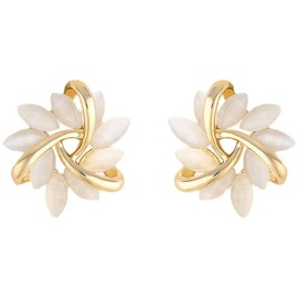 French Petal Flower Stud Earrings for Women,Gold Hypoallergenic Crystal Cute Small Floral Fashion Statement Birthday Jewelry (White)
