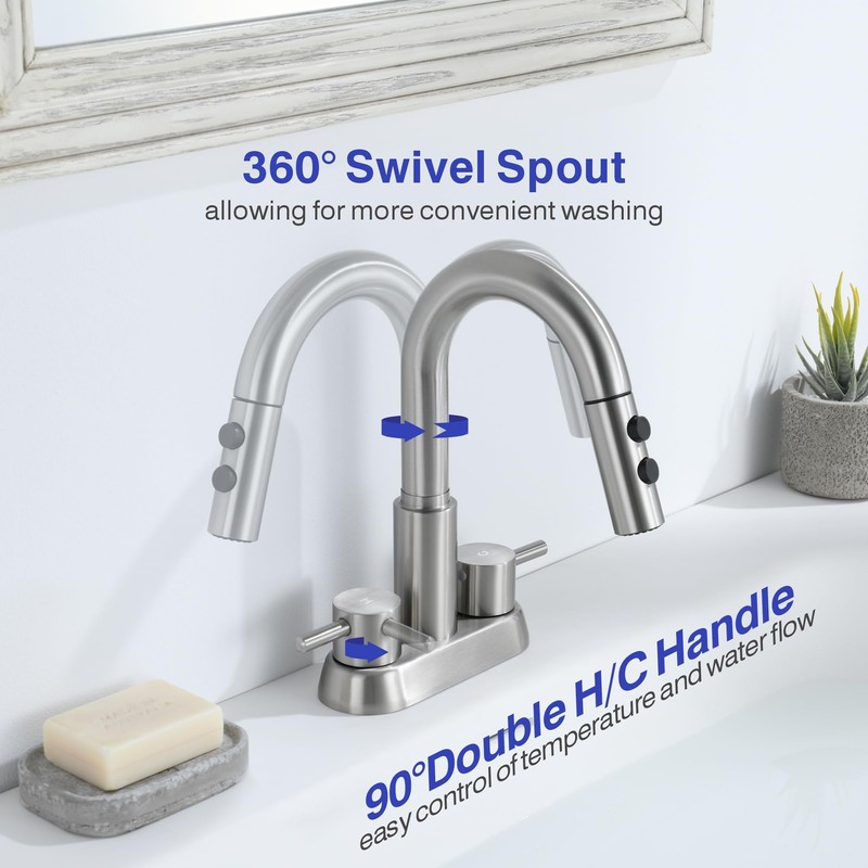 Kablle Bathroom Faucet with Pull Down Sprayer 3 Holes, Brushed