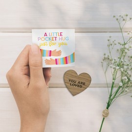 Little Pocket Hug Just For You Wooden Heart Token with Positive Affirmations - Small Keepsake Card For Wallet/Purse (Rainbow, You Are Loved)