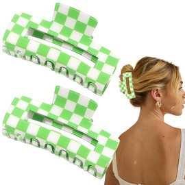 2 PCS Checkered Hair Claw Clips Green Non Slip Hair Jaw Clips Strong Hold Rectangle Hair Claw Multicolored Plaid Checkered Hair Clip Rectangle Hair Barrettes Hair Styling Accessories for Women Girls