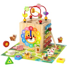 Montessori Educational Toy 7 in 1 Wooden Activity Cube, Children's Game Box, Early Development, Toy for Boys and Girls, Music Enlightenment, Color and Shape Recognition, Fine Exercise, Promotes