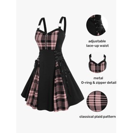 Rosegal Gothic Lace Up Plaid Half Zipper Fit and Flare Gothic Dress(Pink_1/4X)