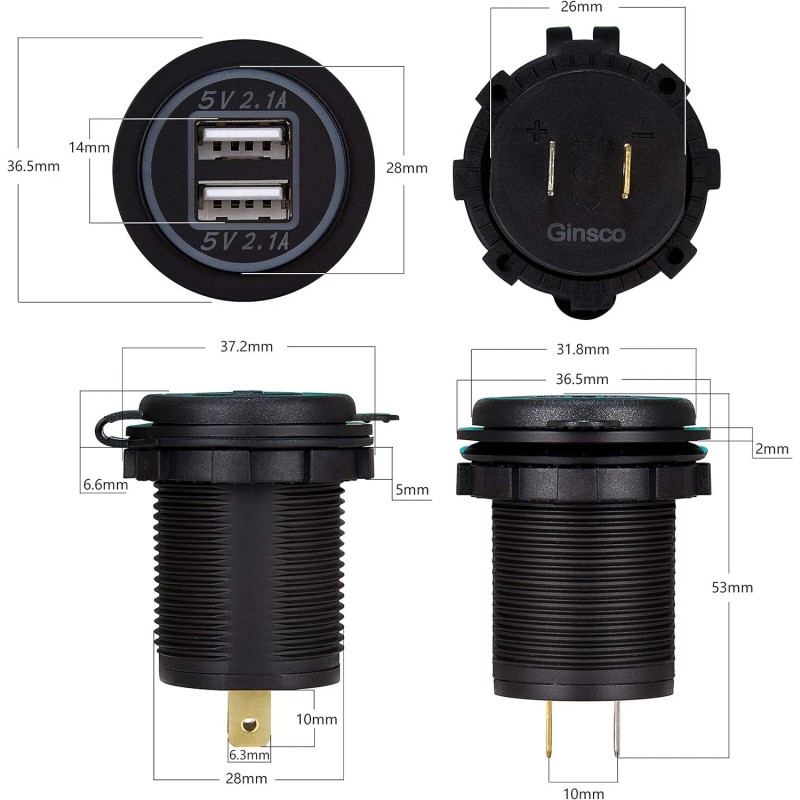 Ginsco Dual Usb Car Charger Adapter 12V 4.2A With Inline