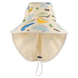 MK MATT KEELY Kids Sun Hat 2-8 Years Boys Girls Summer Neck Protection Wide Brim Beach Hat with Adjustable Chin Straps,Dinosaur Beige