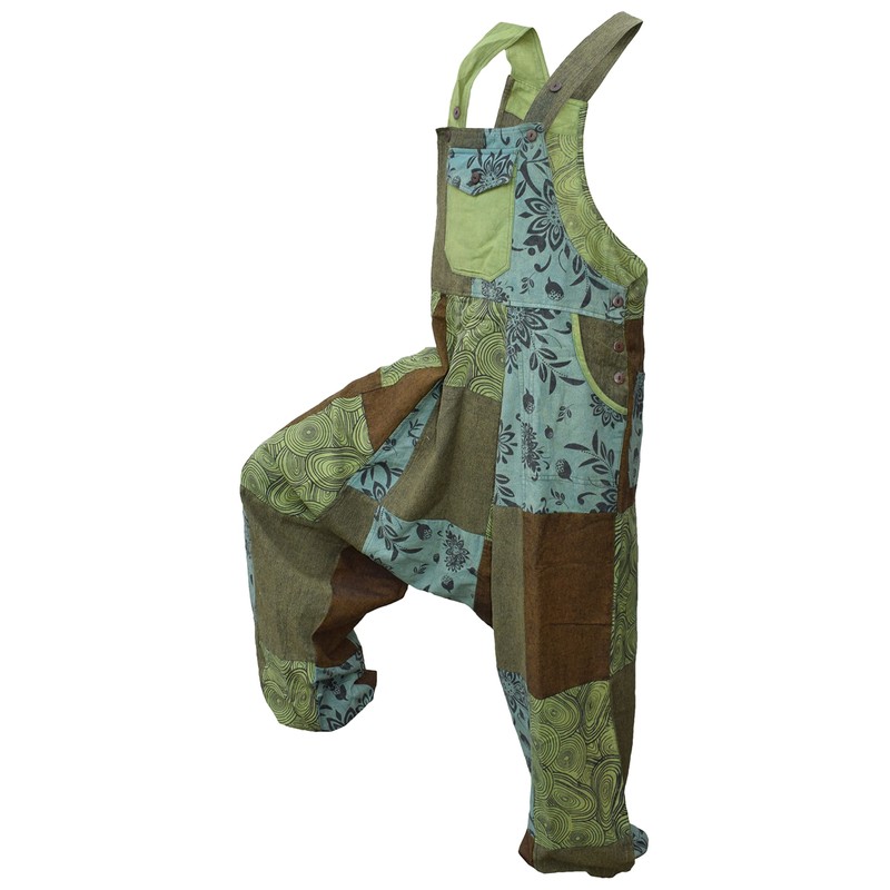 Gheri Mens Loose Fit Patchwork Printed Cotton Harem Dungarees Green