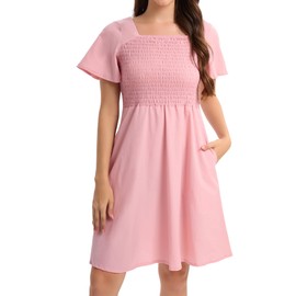 Yiyilina Summer Dress for Women 2025:Casual Short Sleeve Square Neck Boho Dresses with Pockets Smocked Ruffle Beach Sundress(Pink,M)