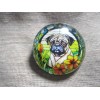 GLASS DOME PIC BUTTON "STAINED GLASS" PUG DOG WITH FLOWERS