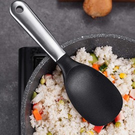 Cuchara de Silicona de Acero Inoxidable, Sartén Antiadherente, Corto, Servir Arroz de Silicona con Orificio Colgante, Herramienta de Cocina, Paleta de Arroz