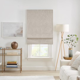 Eclipse Drewton Motorized 100% Blackout Cordless 27 in Wide x 64 in Long Textured Roman Shade in Linen