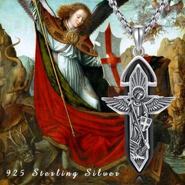 YueYuan St Michael Necklace 925 Sterling Silver Saint Michael Pendant Archangel Michael Necklace Black Healing Crystal Necklace Catholic Jewelry Gift for Men Women