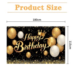 Happy Birthday Banner, KEUGT Happy Birthday Party Decoration, Black Gold Birthday Party Banner, 180 x 115 cm Large Poster Background for Men Girls Birthday Party Decoration
