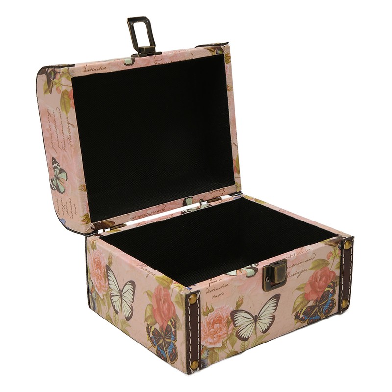 Treasure Chest Box Pink Butterfly Pattern Exquisite Retro Wooden PU