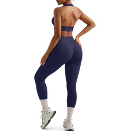 RXRXCOCO Backless Workout Sets for Women 2 Piece Halter Sports Bra Hidden Scrunch High Waisted Gym Leggings Matching Set Navy Small