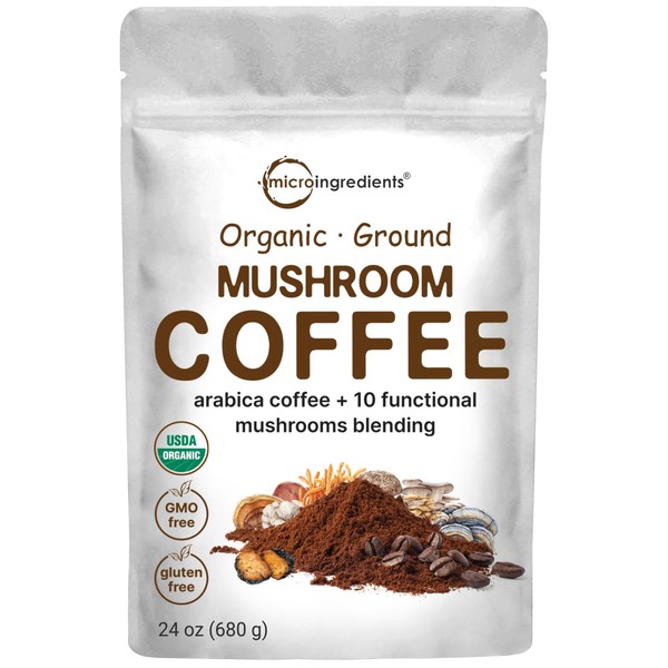 Organic 10 in 1 Ground Mushroom Coffee, 24 Ounce | Premium Arabica Coffee with Lion’s Mane, Chaga, Reishi, & More | Smooth Medium Roast, Clean Energy, & Immune Support