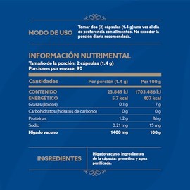Hgado Vacuno de Res de Nueva Zelanda alimentada con pasto 180 Cpsulas 1400 mg por porcin. Ingredientes 100 Naturales. Beef Liver Grassfed B Life.     